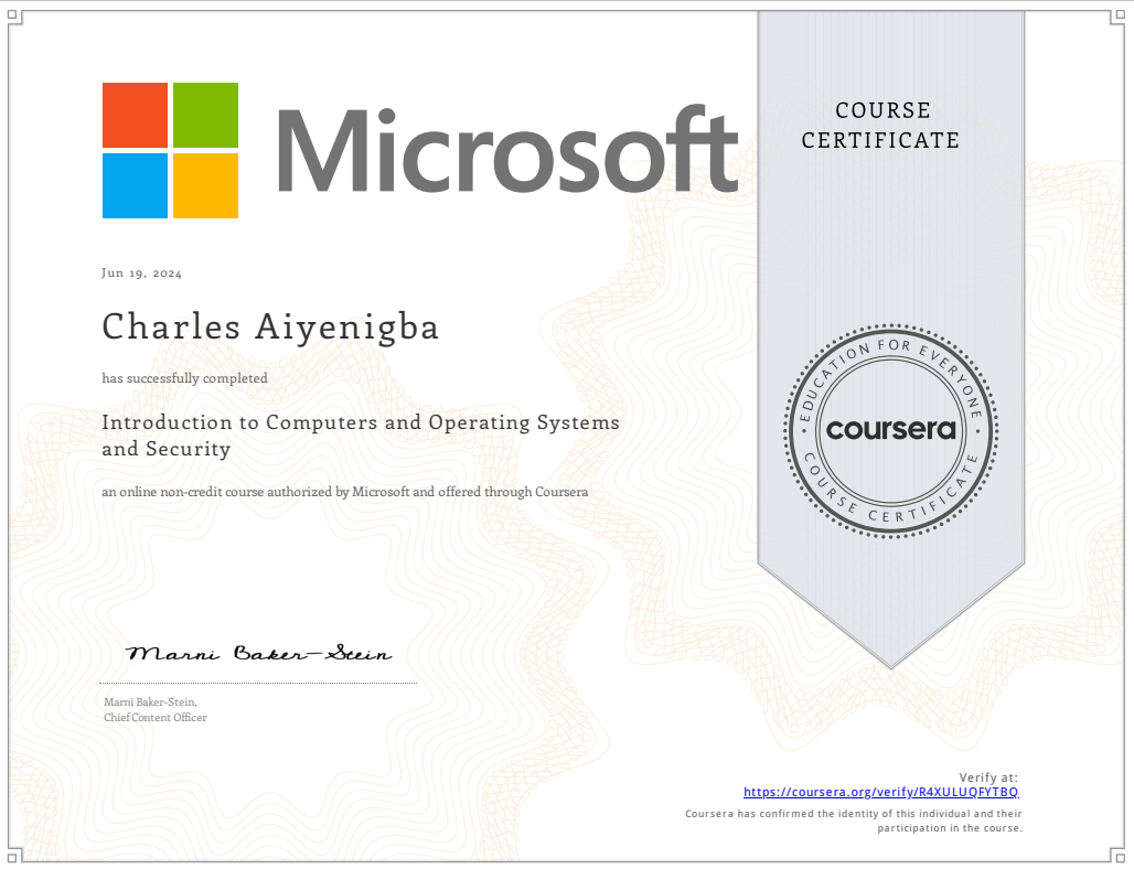 Introduction to Computers and Operating Systems and Security Certificate
