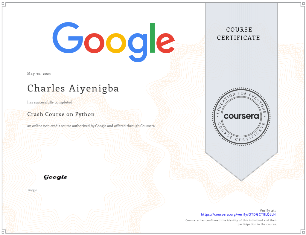 Crash Course on Python Certificate